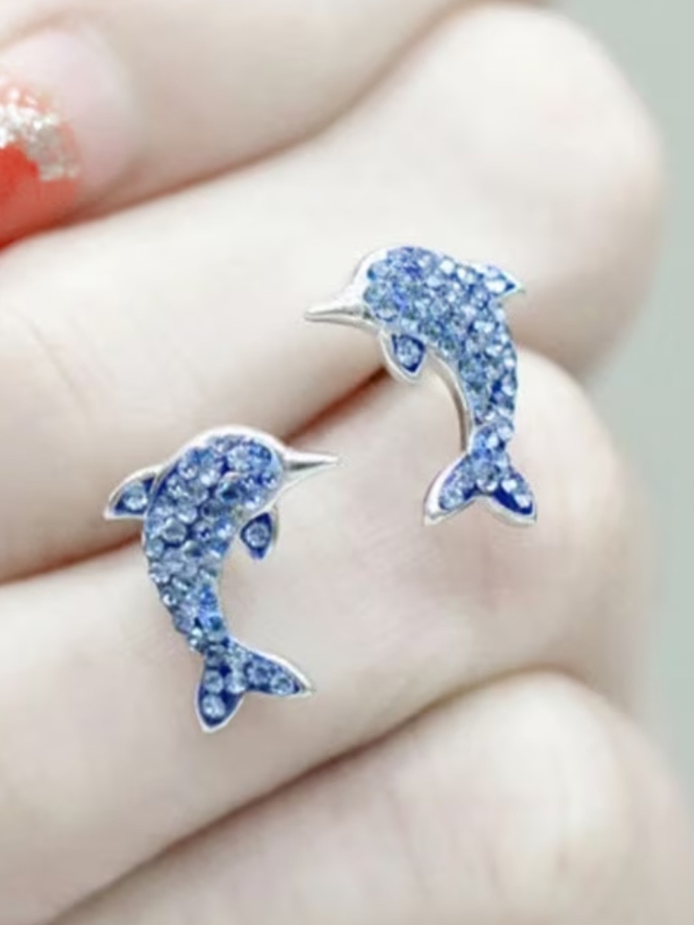 Blue Faux Crystal Dolphin Stud Earrings